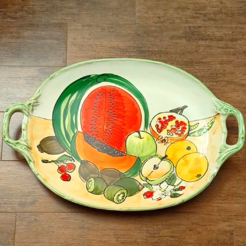 Large 1990s Italian Mixed Fruit Ceramic Handled Serving Platter